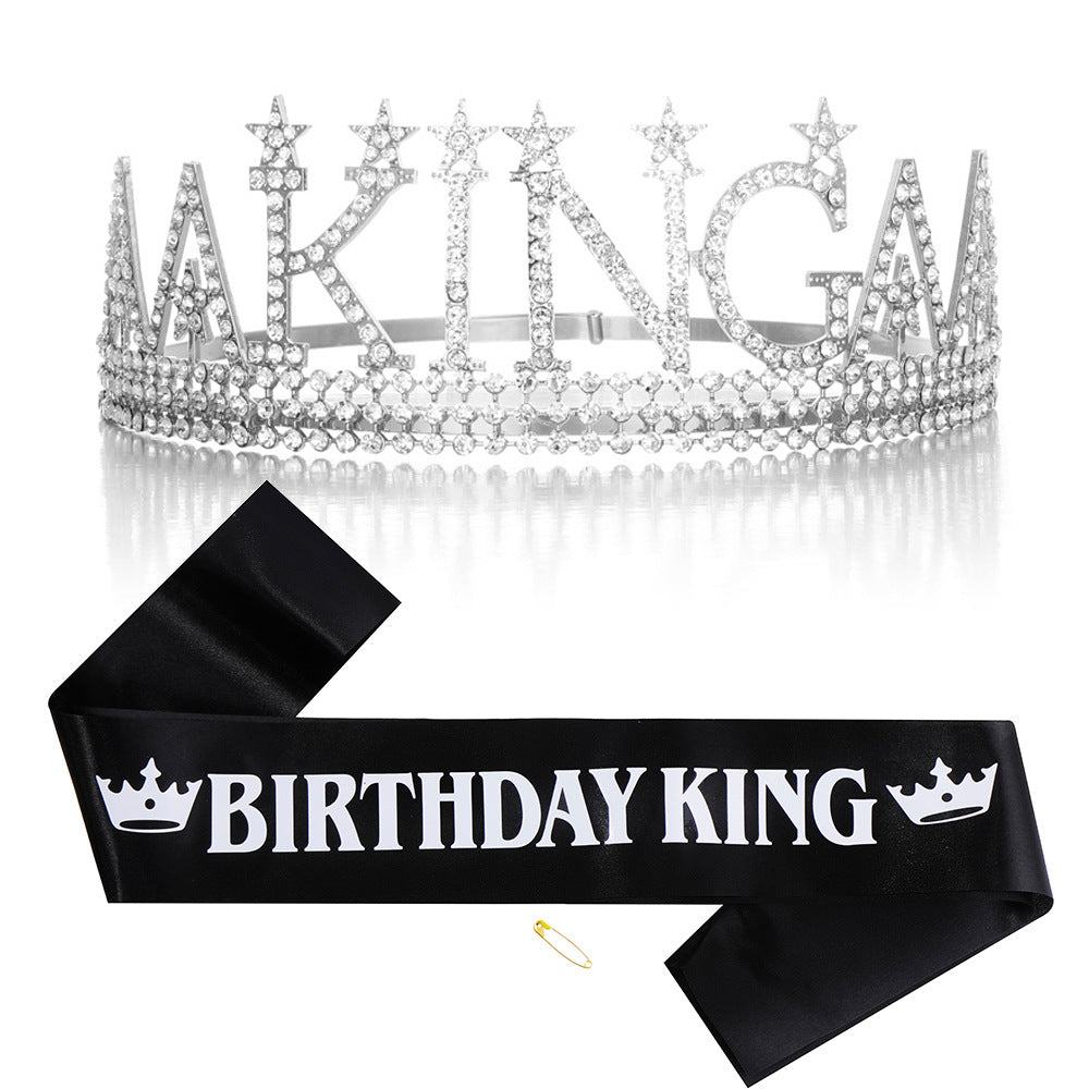 Ladies Glittering Birthday Crown with a Regal "Birthday King" Sash Set Stornfield