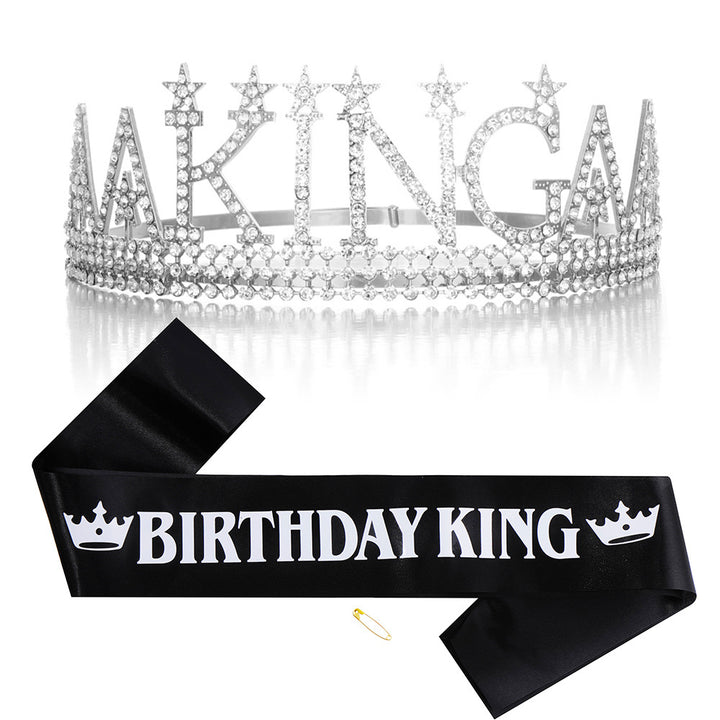 Ladies Glittering Birthday Crown with a Regal "Birthday King" Sash Set Stornfield