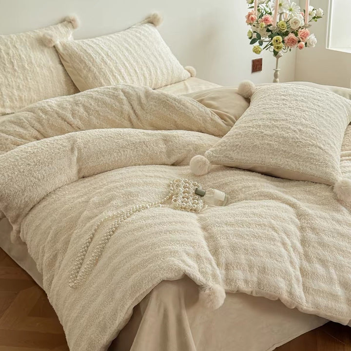 Luxury Faux-Sherpa Pom-Pom Duvet Cover Set
