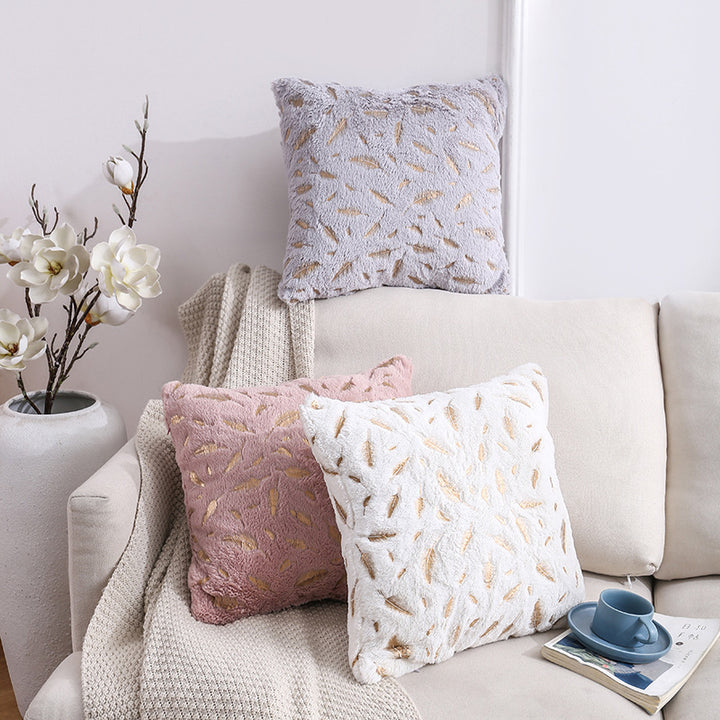 Plush Faux Fur Square Throw Pillow Cover with Metallic Leaf Embroidery