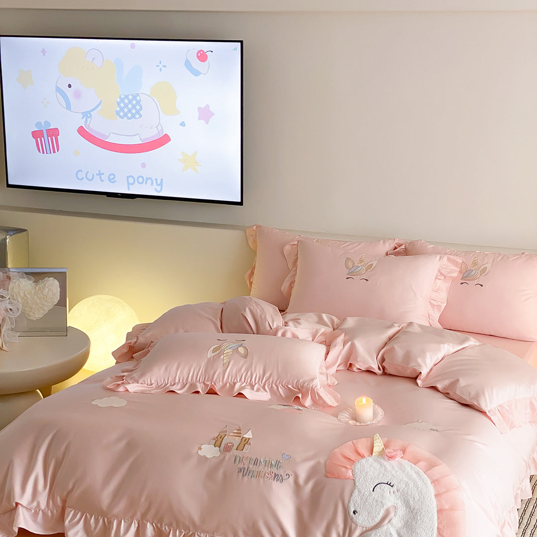 Unicorn Embroidered Ruffle Satin Duvet Cover Set