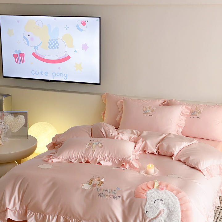 Unicorn Embroidered Ruffle Satin Duvet Cover Set