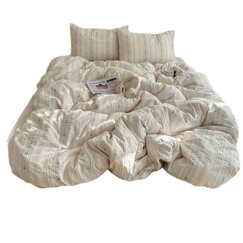 Cotton Washed Stripe Duvet Cover Set with Mini Bear Motif Pillow Shams