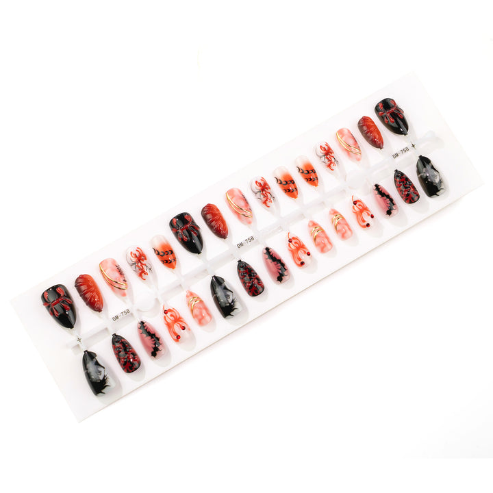 Artistic Press-On Nail Art Set with Intricate Spider and Skull Designs Stornfield