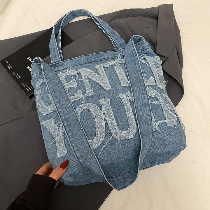 Distressed Denim Graphic Tote Bag
