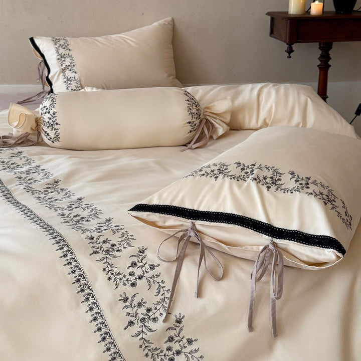 Embroidered Cotton Sateen Duvet Cover Set with Tie-Sham and Decorative Bolster