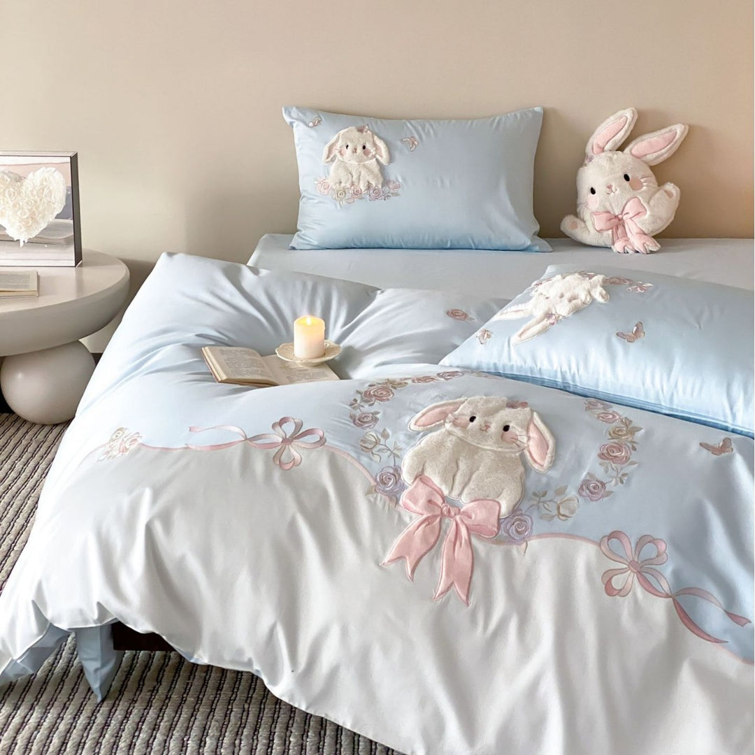 Plush Bunny Appliqué Cotton-Sateen Decorative Duvet Cover Set