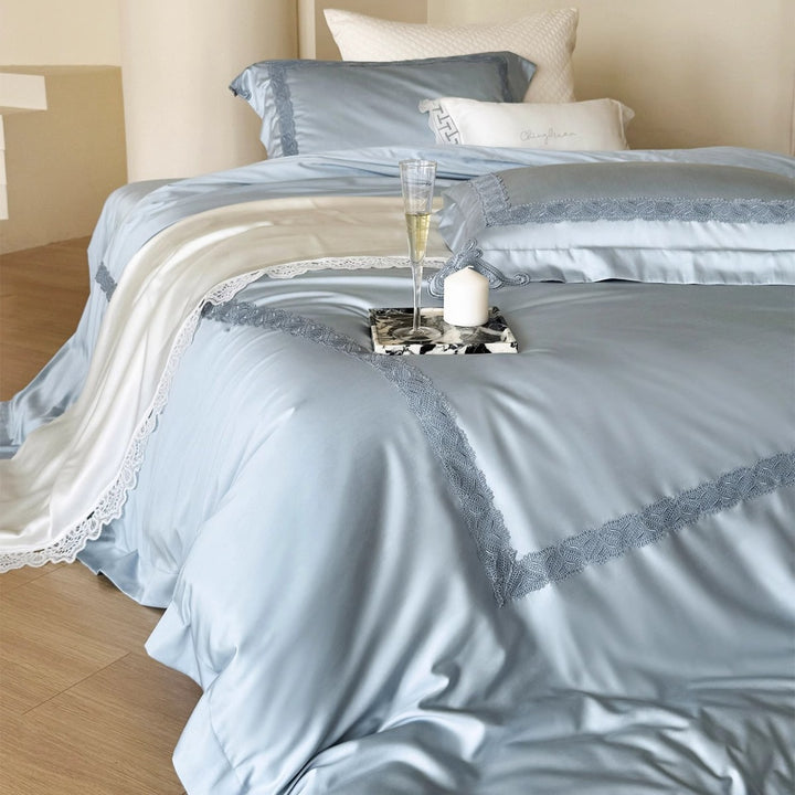 Silky Satin Duvet Ensemble with Floral Appliqué Embroidery, Scalloped Lace Border & Hidden Closure