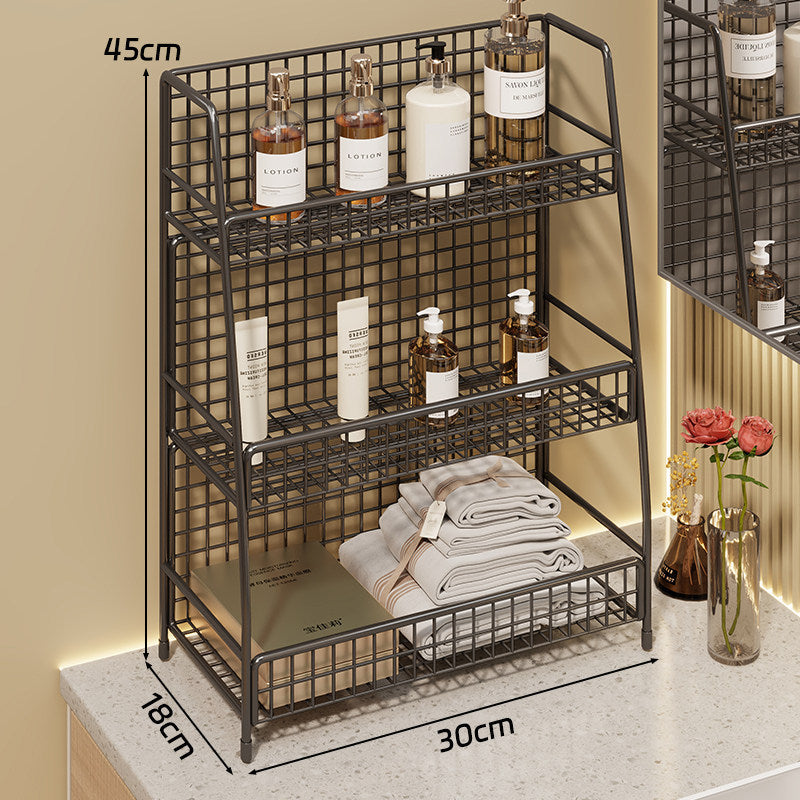 Multi-Tier Wire Grid Countertop Organizer with Angled Frame and Ventilated Mesh Shelves