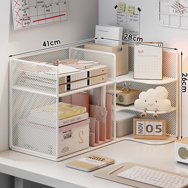 Mesh Corner Desktop Organizer Shelf with Multi-Compartment Tiers and Vertical File Slots
