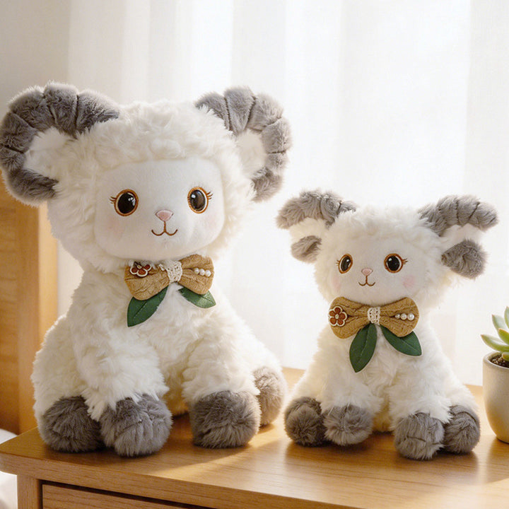 Curled-Horn Ram Plush Collectible with Embroidered Face, Bow Collar & Soft Faux Fur Stornfield