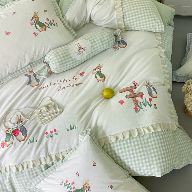 Embroidered Gingham Picnic-Illustration Cotton Duvet Cover Bedding Set