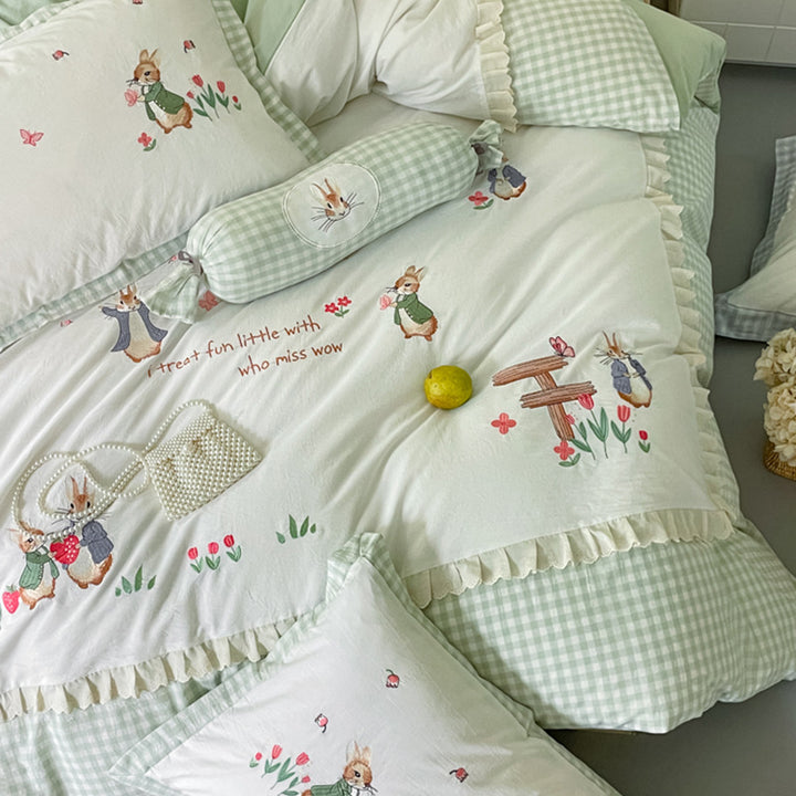 Embroidered Gingham Picnic-Illustration Cotton Duvet Cover Bedding Set