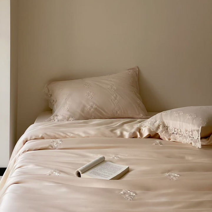 Embroidered Satin Duvet Cover Set with Lace-Trim Pillowcases