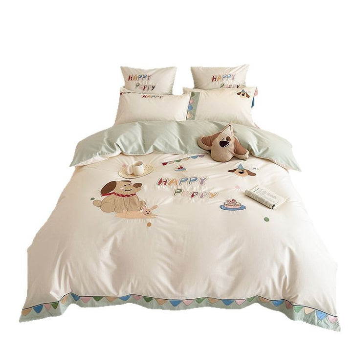 Kawaii Appliqué Cotton Sateen Duvet Cover Set with Embroidered Character & Decorative Strawberry Cushion