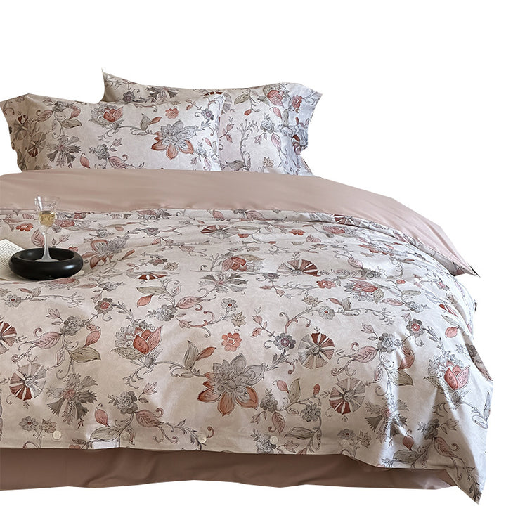 Luxurious satin bedding set with delicate rose patterns and button placket