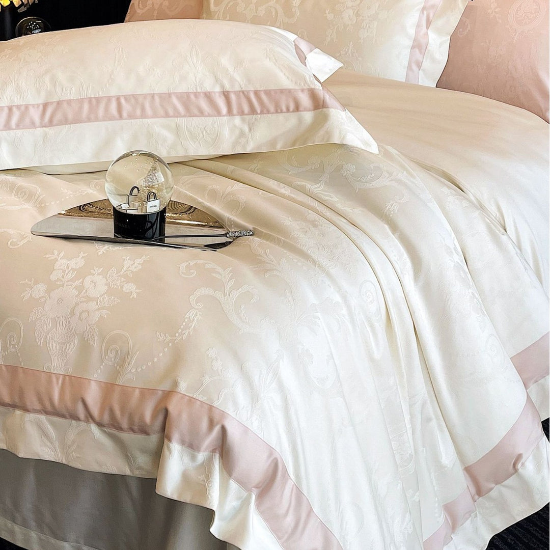 Jacquard cotton satin bed linen set with delicate medallion structure and satin border