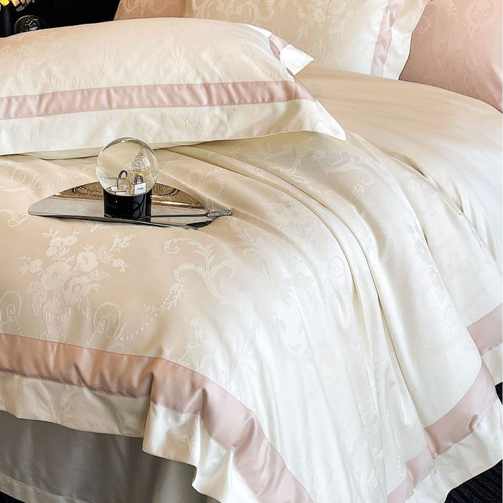 Jacquard cotton satin bed linen set with delicate medallion structure and satin border