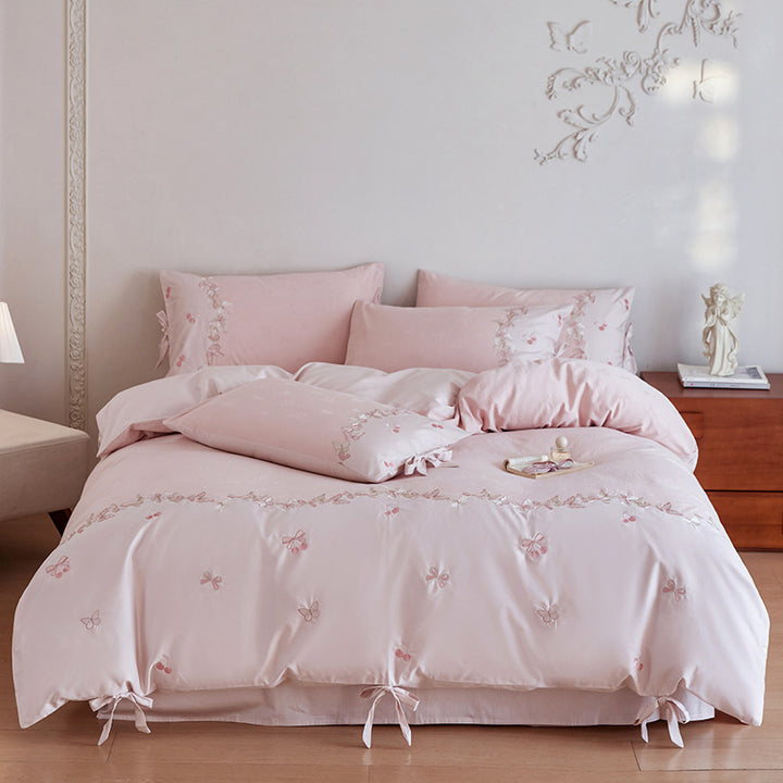Embroidered Bow Cotton-Sateen Reversible Duvet Cover Set with Tie Corners and Decorative Pillow Shams