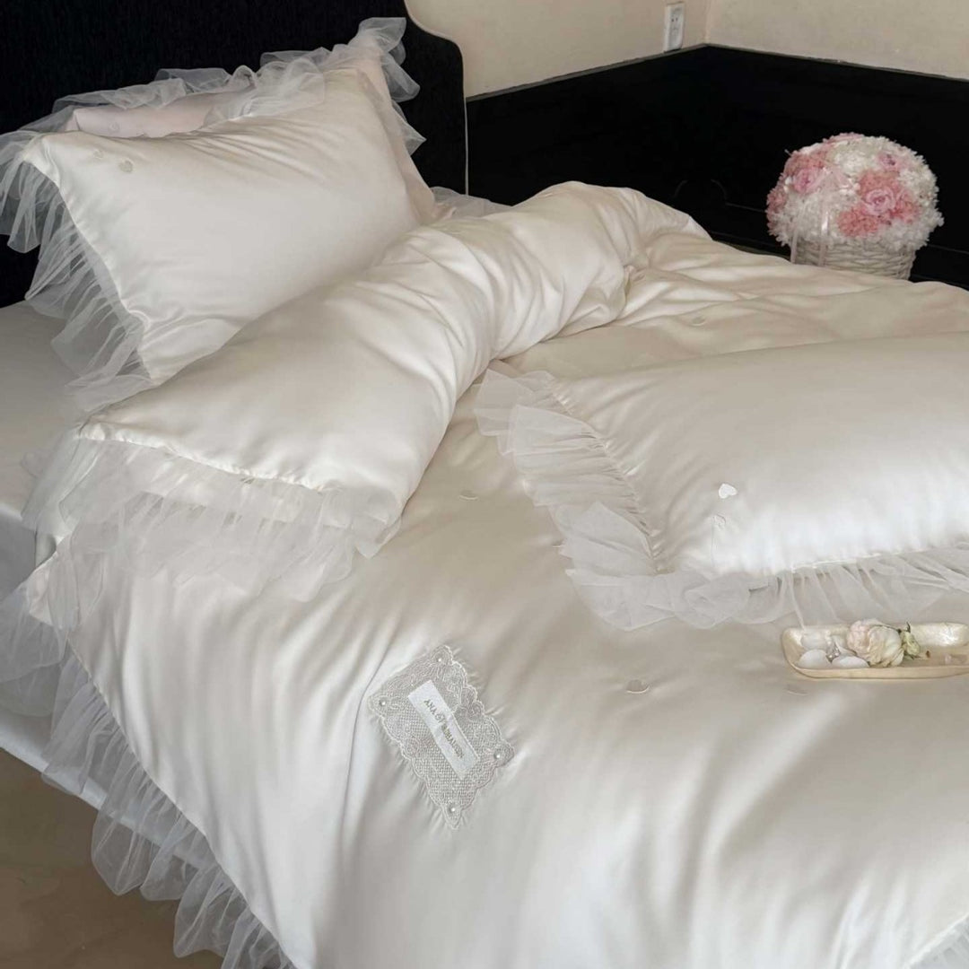 Satin Ruffled Tulle-Trim Button-Down Duvet Cover Set