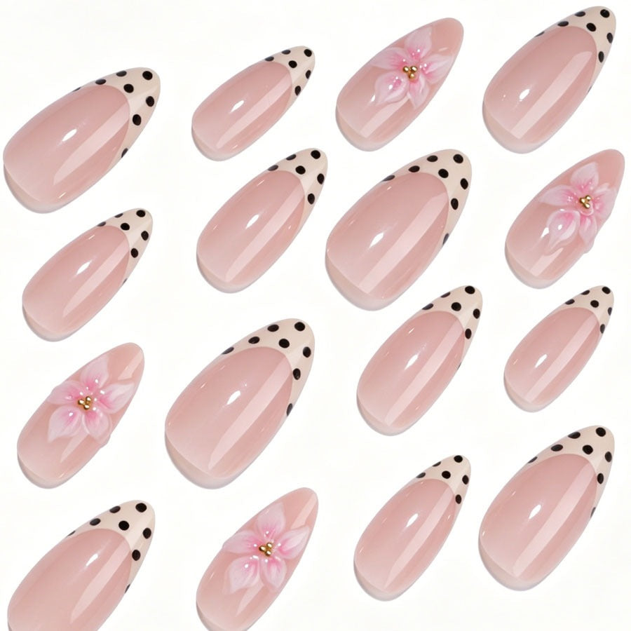 Acrylic nail set with floral accents and dots Stornfield