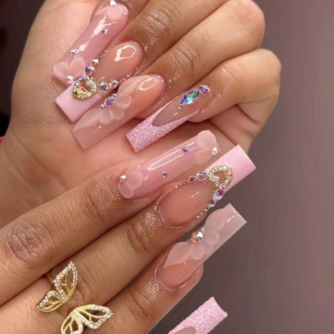 Decorative Long Press-On Nail Set with Floral and Gem Details Stornfield