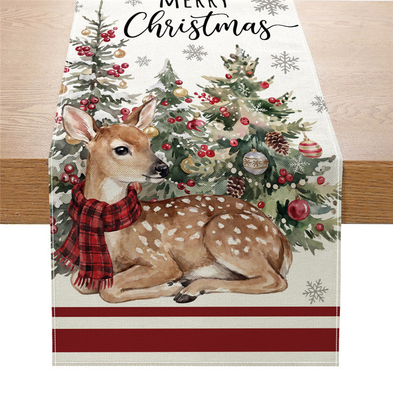 Festive Christmas Table Runner with Santa, Snowman & Reindeer Illustration
