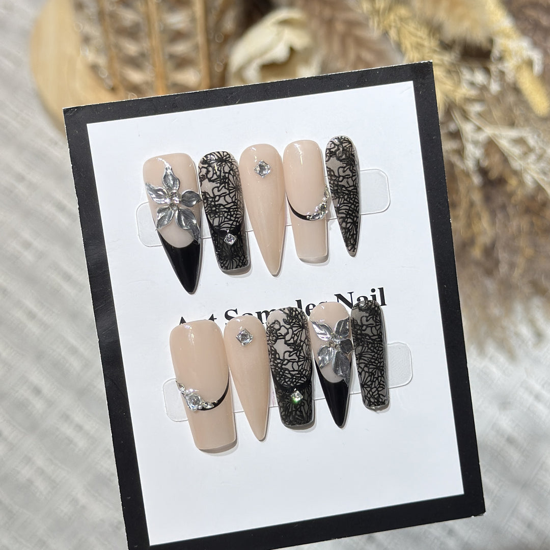 Artistic Stiletto Press-On Nail Set with Floral and Geometric Accents Stornfield