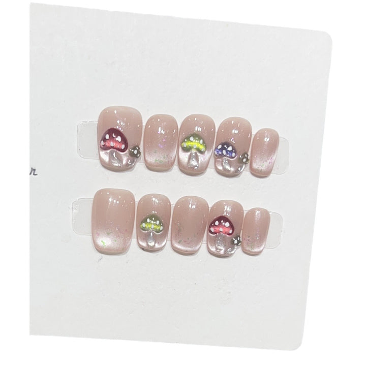 Artistic Press-On Nail Set with Playful Mushroom Designs Stornfield