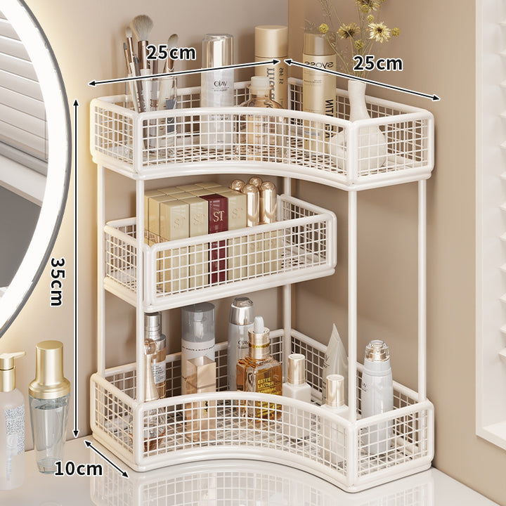 Curved Corner Triple-Tier Metal Mesh Vanity and Countertop Organizer