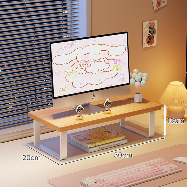 Elevated Monitor Riser Stand with Wood-Effect Top Metal Frame and Under-Shelf Storage
