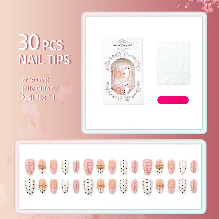 Artistic Press-On Nail Set with Polka Dots and Metallic Accents