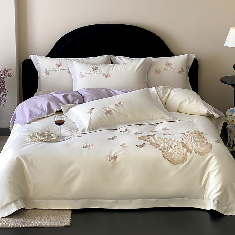 Embroidered Satin Butterfly Duvet Cover Set with Reversible Lilac Sateen and Pillow Shams