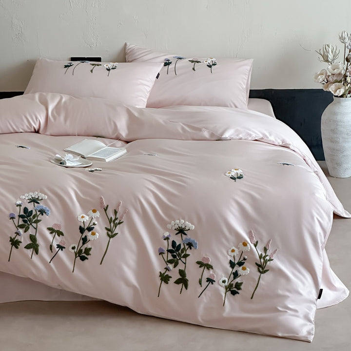 Floral Embroidered Satin-Feel Duvet Cover Set with Pillow Shams