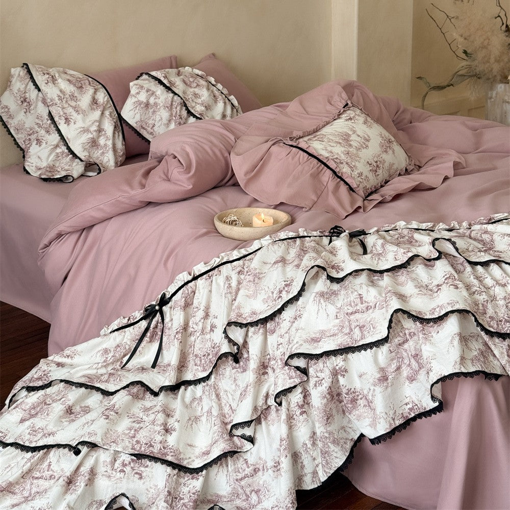 Ruffled Toile Floral Duvet Cover Set with Layered Ruffle Bed Skirt & Decorative Shams