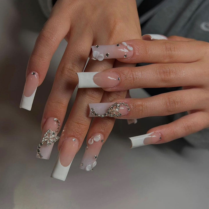Decorative Long Press-On Nails with Rhinestone and Floral Accents Stornfield