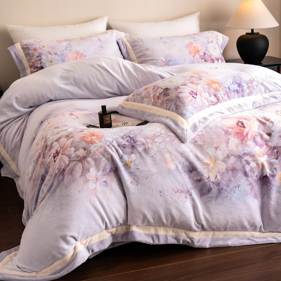 Floral Watercolor Plush Microfiber Duvet Cover Set with Reversible Back and Pillow Shams