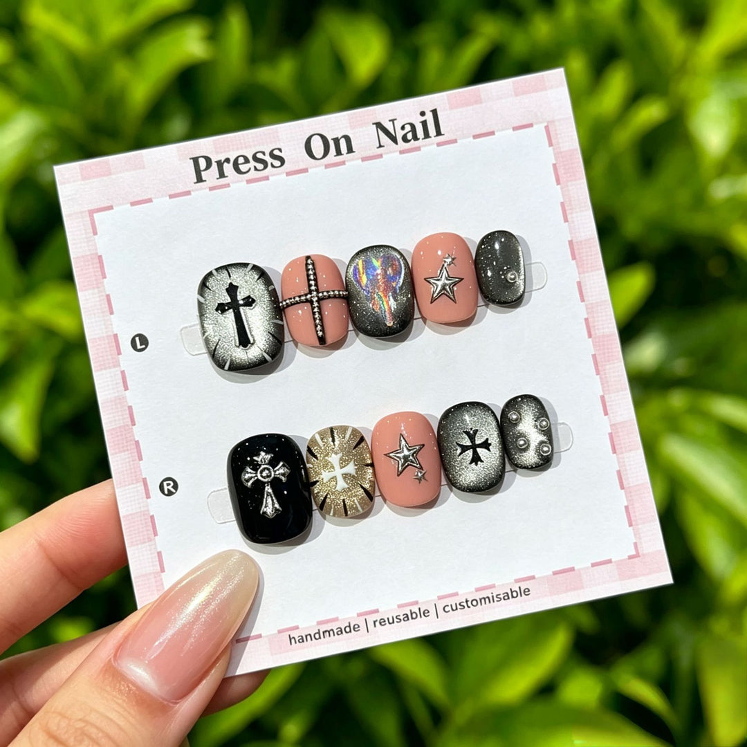 Decorative Press-On Nail Set with Gem Accents  1791774365