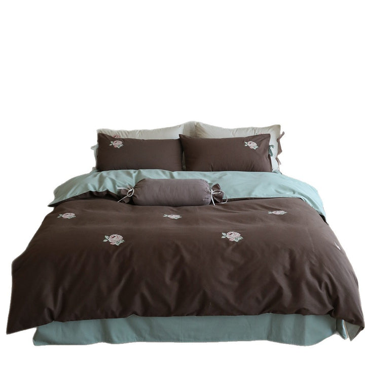 Reversible cotton bedding set with rose embroidery and decorative roll