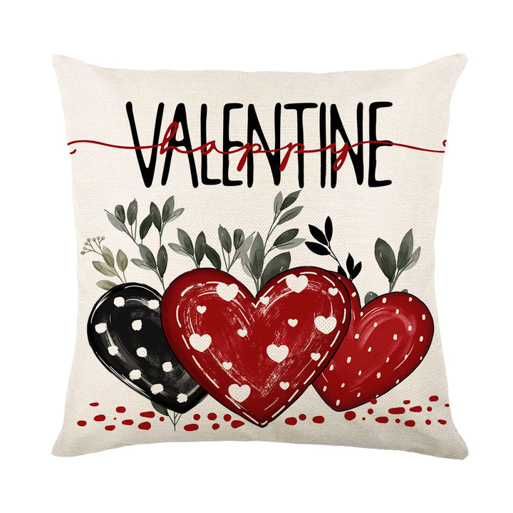 Decorative Square Cotton-Linen Throw Pillow Cover Heart 'Love' Illustration with Plaid Bow and Botanical Accents