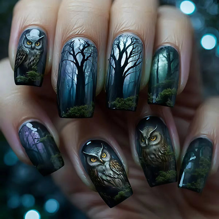 Artificial nails with elegant owl and forest motif Stornfield