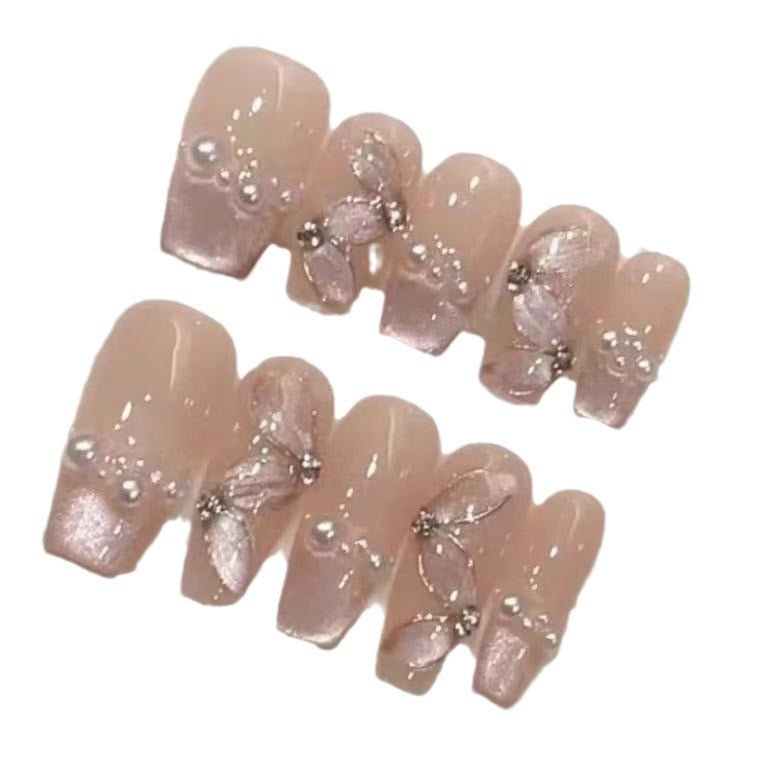 Artistic Floral Press-On Nail Set with Pearl Accents Stornfield