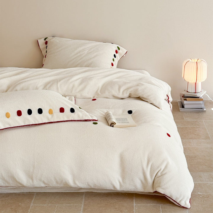 Plush Textured Duvet Cover Set with Contrast Piping and Embroidered Dot Accents