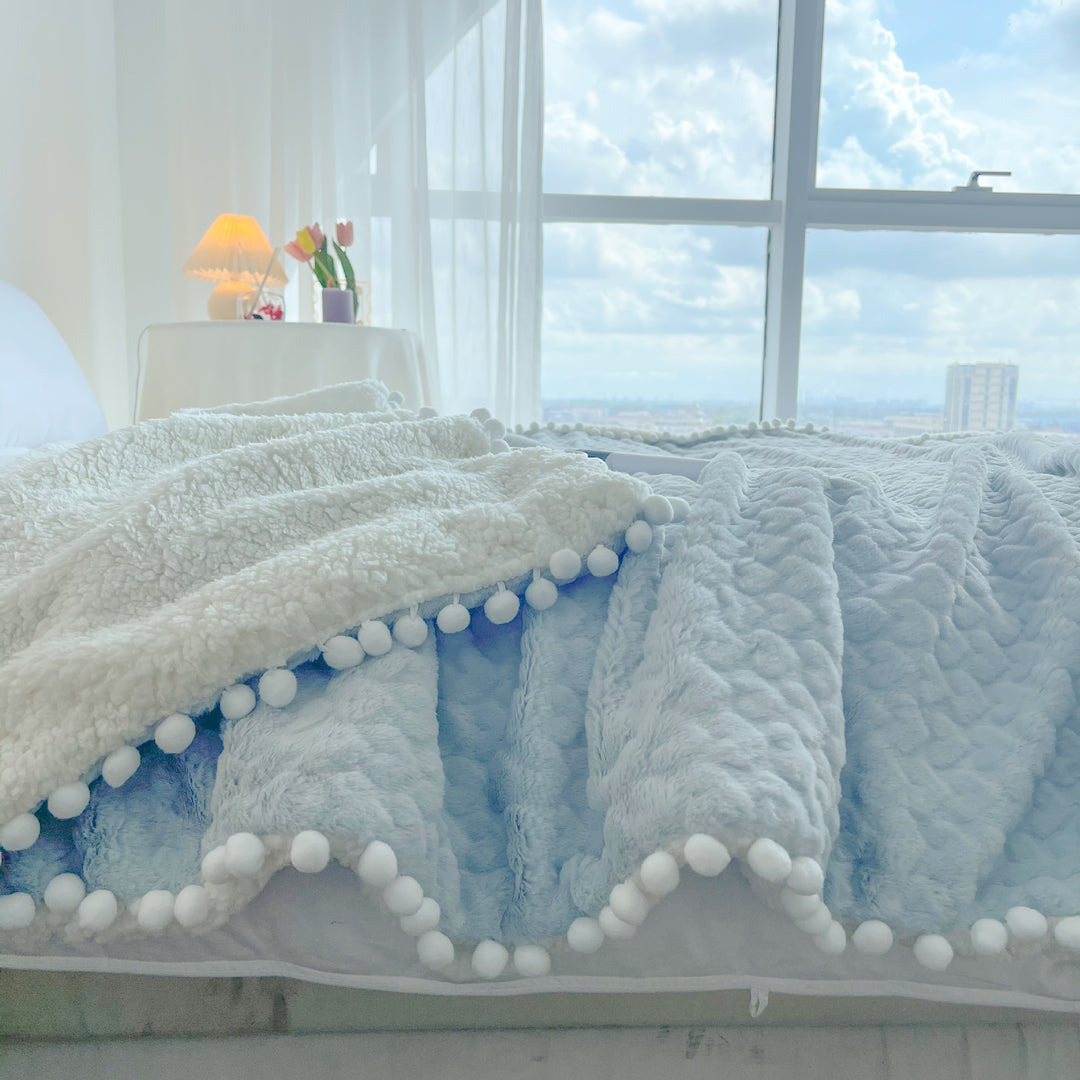 Plush Reversible Sherpa Throw Blanket with Pom-Pom Edge