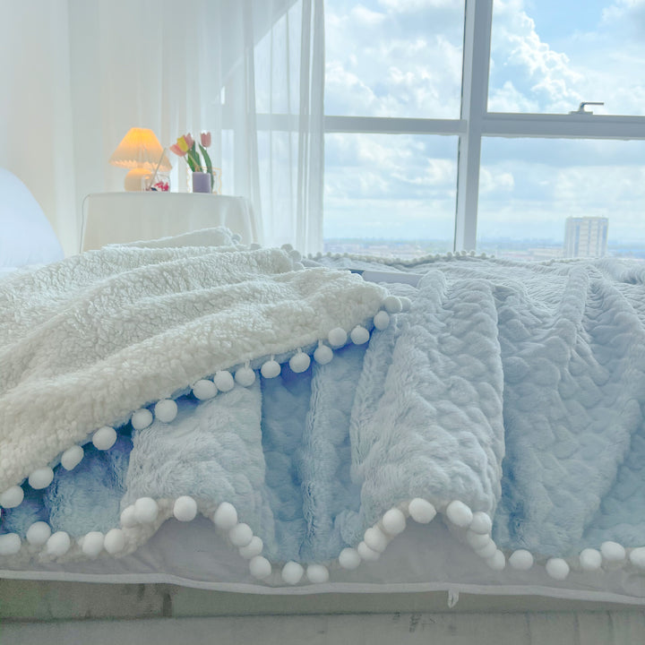 Plush Reversible Sherpa Throw Blanket with Pom-Pom Edge