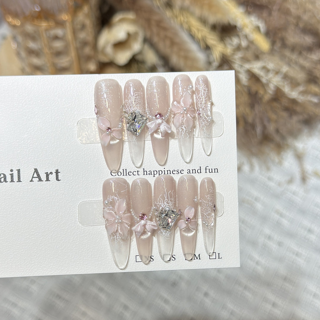 Decorative Press-On Nail Art Set with Floral and Gemstone Accents Stornfield