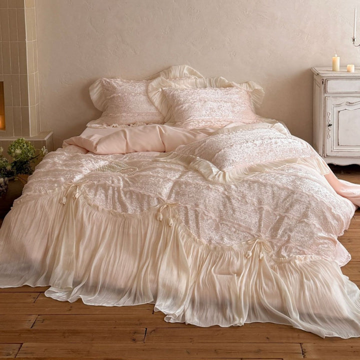 Romantic Ruffled Voile Layered Duvet Cover Set with Lace Embroidery