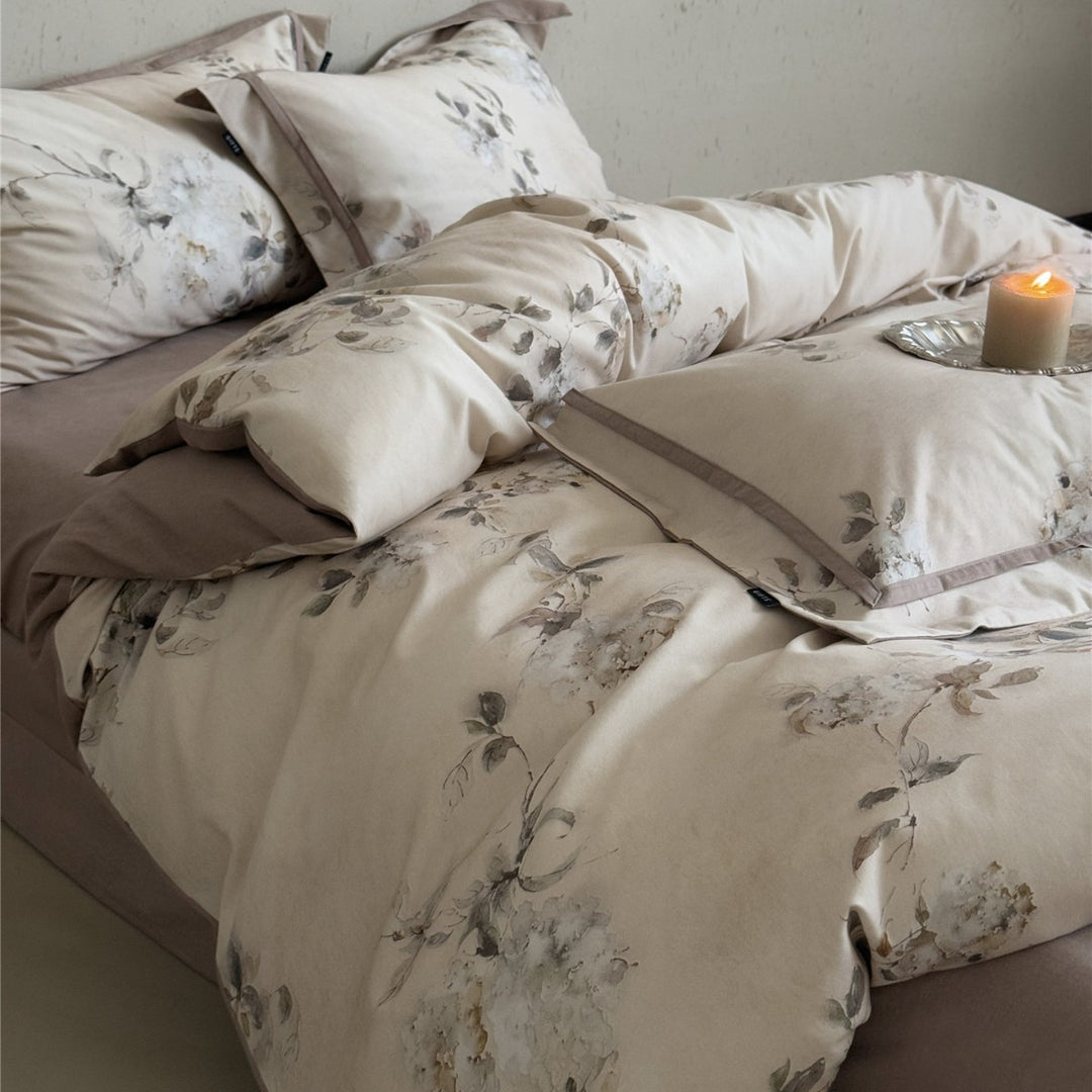 Cotton Sateen Watercolor Floral Duvet Cover Set with Piped Pillow Shams