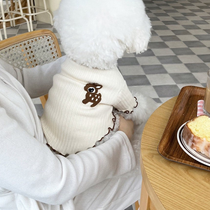Ribbed Cotton Pet Pullover Sweater with Deer Embroidery & Lettuce-Edge Hem