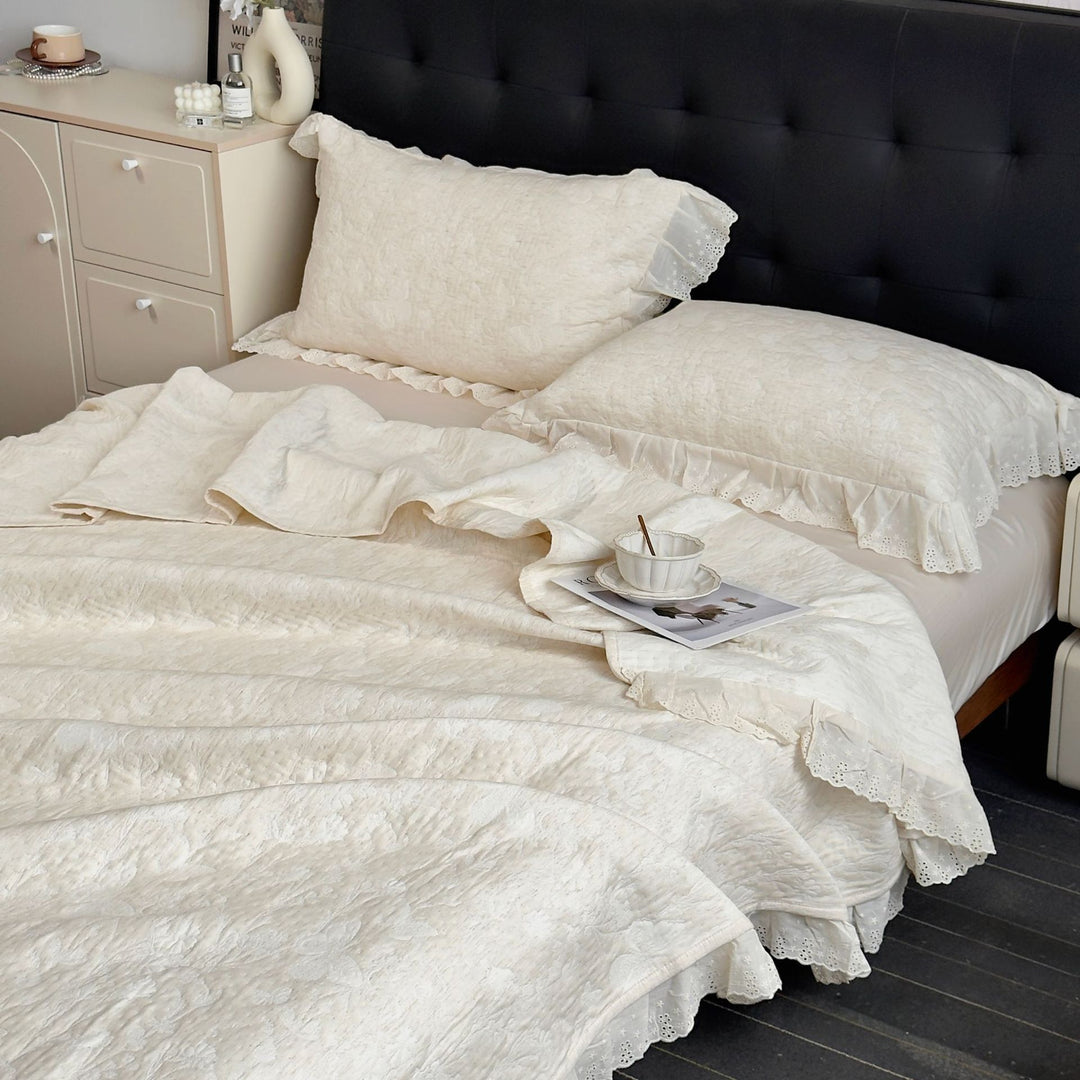 Quilted Cotton-Blend Coverlet Set with Eyelet Lace Ruffled Pillow Shams